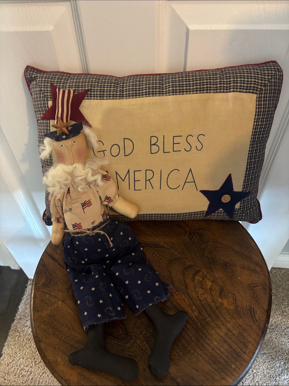 Patriotic 'God Bless America' Decorative Pillow in Cream and Blue with Uncle Sam